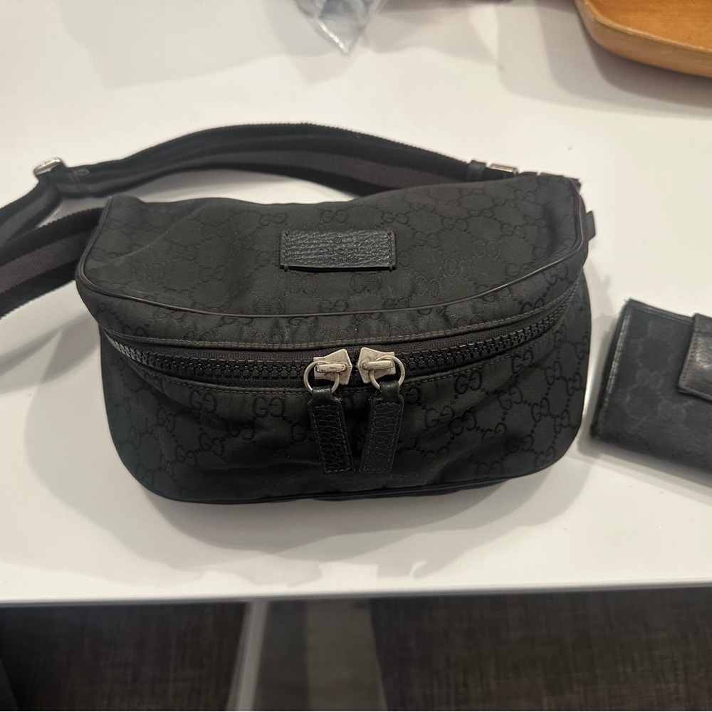Gucci Black Monogram Belt Bag/silver hardware